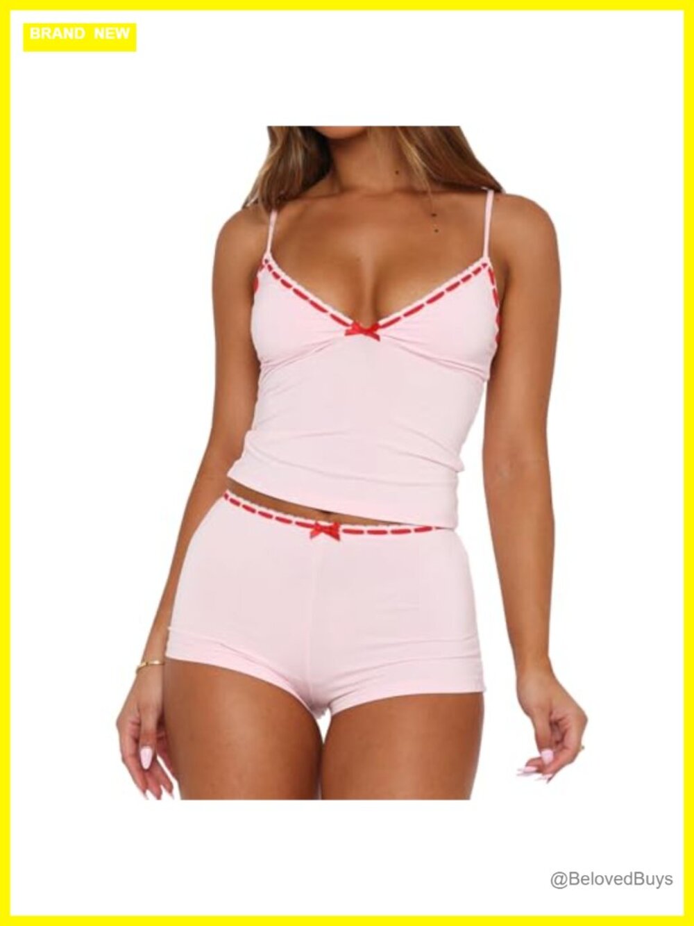 Women Sexy Pajama Set 2 Piece Fitted V Neck Cami Top and Shorts